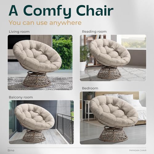 Image of Bme Ergonomic Wicker Papasan Chair with Soft Thick Density Fabric Cushion, High Capacity Steel Frame, 360 Degree Swivel for Living, Bedroom, Reading Room, Lounge, Silver Cloud - Brown Base
