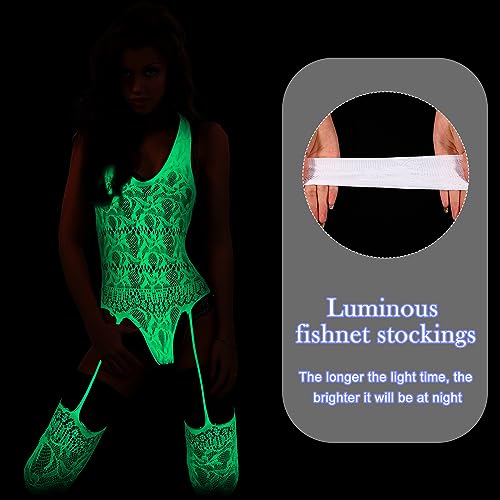 Hercicy 3 Pcs Glow in the Dark Fishnet Stockings Luminous Bodysuit Leggings Glowing Fishnet Socks for Women Glowing Party(Stylish Style)4