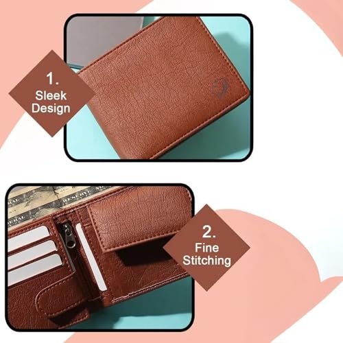 Image of VEMILIO Vegan Leather Wallet for Men with ID Window, Coin Pocket, Zipper Pocket & Multiple Card Slots | Bi-Fold Gents Purse with Currency Compartments | Slim Stylish Men's Wallet (Tan)
