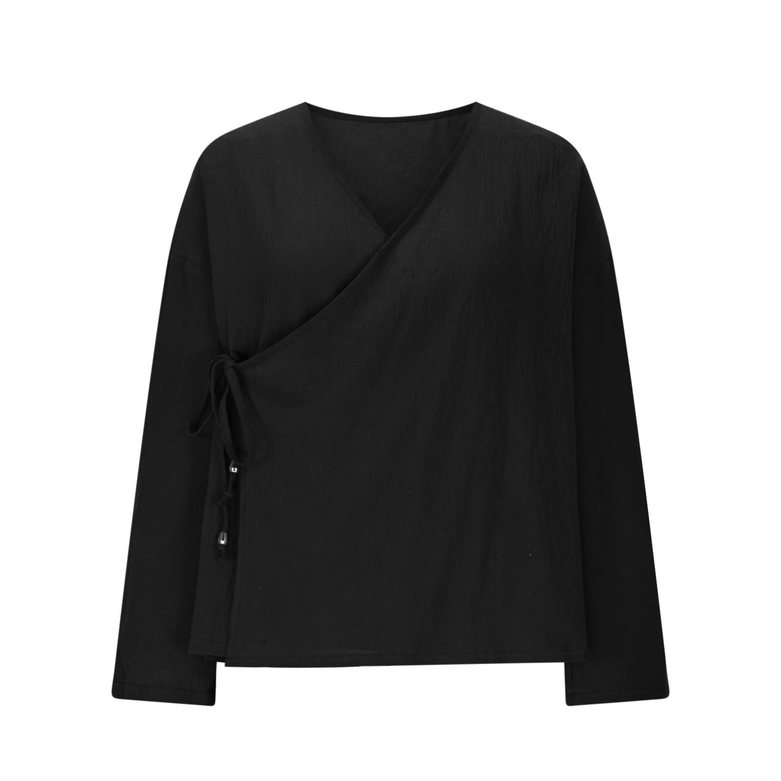 Top mujer manga larga cuello en V - Camisa mujer lino algodón camiseta cuello cruzado diseño con cordones blusa estilo retro de moda Shirt amplio cómodo Summer Tops Color sólido versátil
