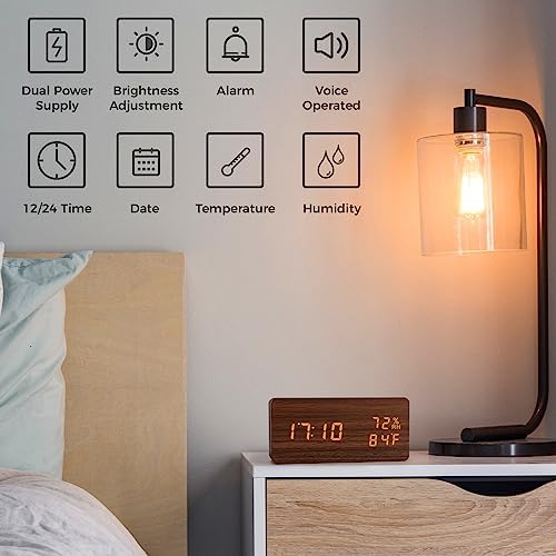 Virklyee Budzik ziarna drewna Drewniany zegar elektroniczny LED cyfrowy zegar z wyświetlaczem czasu,daty, temperatury, 3 poziomy jasności i sterowania głosem (Ciemnobrązowy prostokąt)