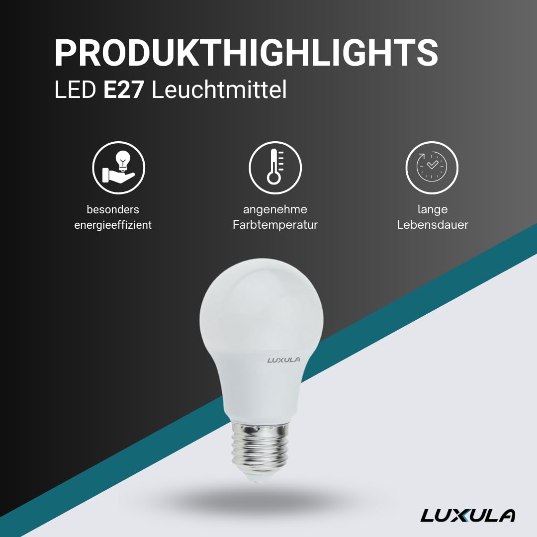 LUXULA LED Glühbirne E27 9W 835lm 2700K warmweiß 50 Stück - ersetzt 60W Glühlampe, A60 E27 LED Leuchtmittel, sofort hell, flimmerfrei, stromsparend, für Wohnzimmer, Schlafzimmer, Küche & Büro