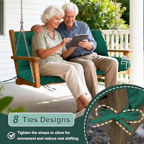 Image of Porch Swing Cushions Outdoor 70 inch x 40 Waterproof Swing Cushions 3 Seater Replacement with Backrest & 8 Ties 5 inch Thick Bench Swing Cushions for Outdoor Furniture Patio(Dark Green)