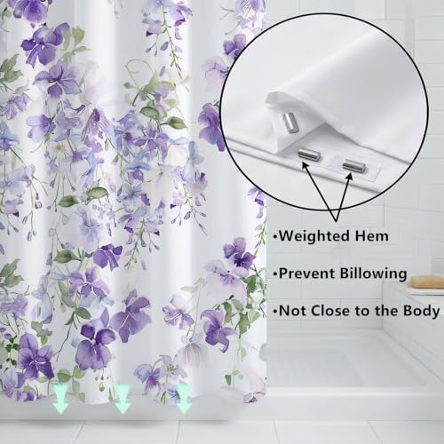 Rideau de douche 120x180cm violet en polyester lavable fleur