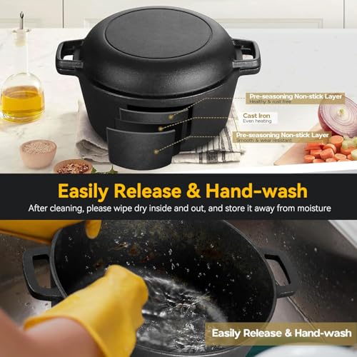 وعاء فرن هولندي بيجالي من الحديد الزهر مع غطاء مقلاة للطبخ، طقم مقالي من الحديد الزهر مقاس 26 سم بمقابض مزدوجة، للاستخدام الداخلي والخارجي للخبز والقلي والخبيز والشواء