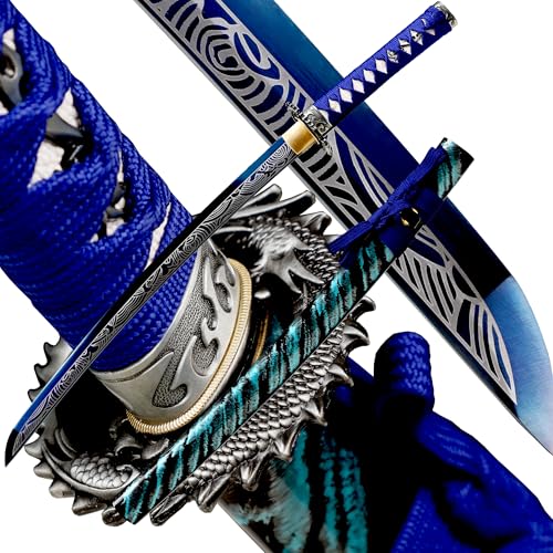 OKSs Katana Sword Real Rayskin Hardwood Saya Handmade Japanese Samurai Sword Can Chop Bamboo (18.Blue Wave Style Wakizashi)