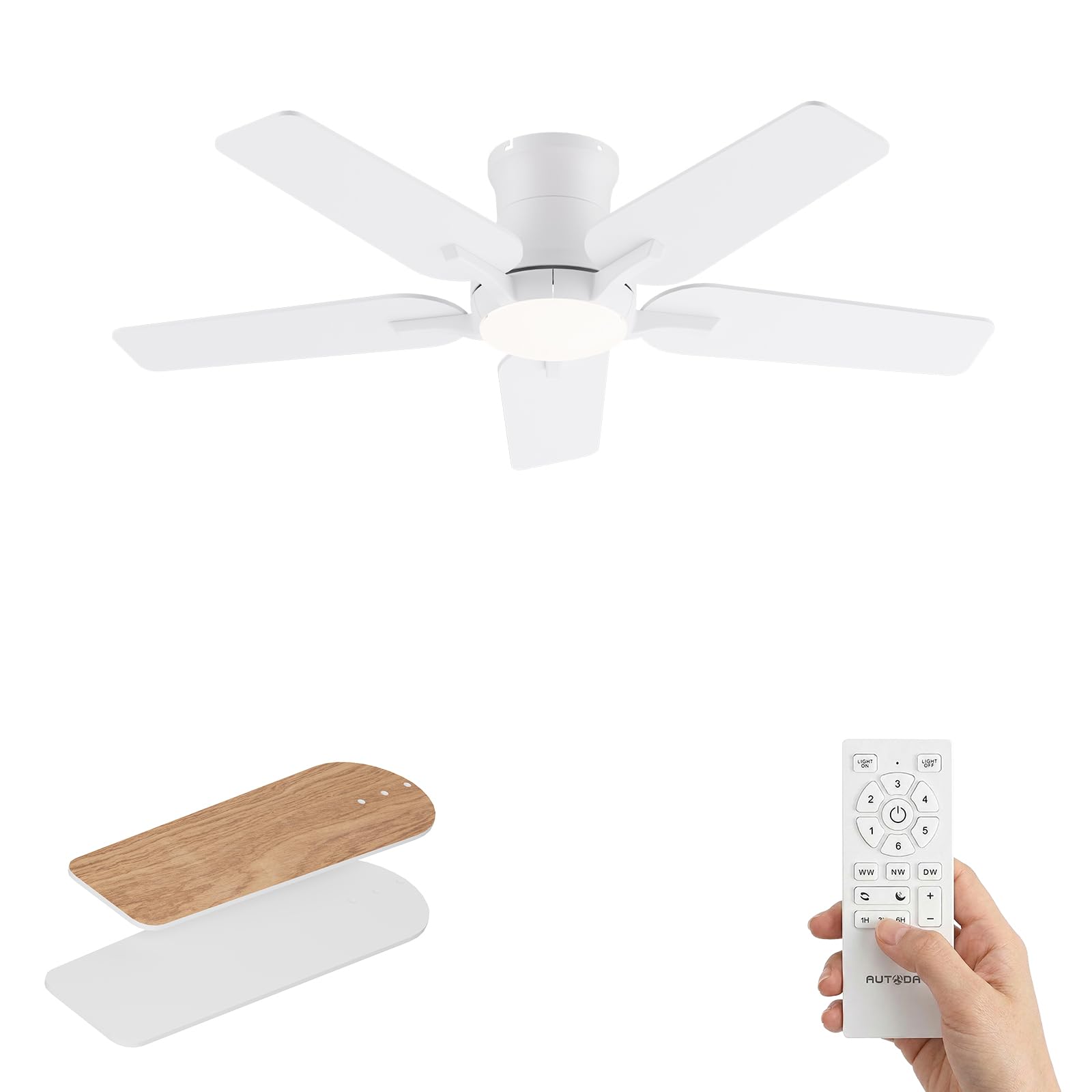 Ventilador de techo con luces de 122 cm, ventilador de techo con mando a distancia, silencioso motor reversible de CC, memoria 3CCT, regulable, 6 velocidades,Blanco