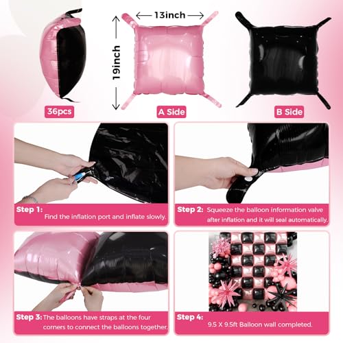 Image of 36pcs Black and Pink Square Foil Balloons Wall Backdrop with 147pcs Balloon Garland Arch Kit, Double Sided Balloons for Bachelorette Baby Shower Birthday Anniversary Prom Party Decorations