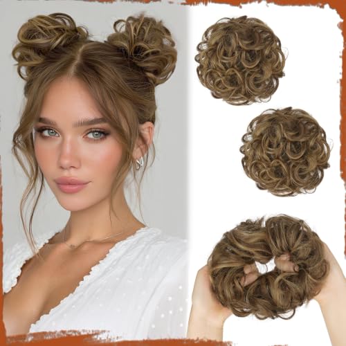 SOFEIYAN 2PCS Small Messy Bun Hair Pieces for Thin Hair to Add Volume Synthetic Curly Bun Scrunchies with Elastic Band Lightweight Updo Hairpieces for Women Daily Use - Honey Blonde Mixed Light Brown