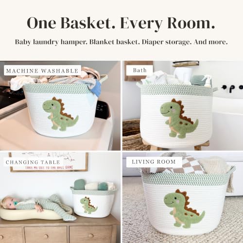 Image of Dinosaur Baby Storage Basket, Woven Cotton Rope Nursery Bin, 15x11 in | Stuffed Animal and Blanket Storage, Soft Felt Dinosaur Patch, Baby Nursery Decor, Baby Shower, Kids Playroom Organizer