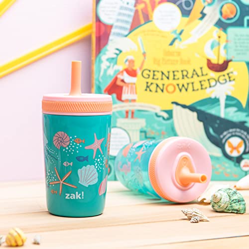 Image of Zak Designs Shells Kelso Tumbler Set, Leak-Proof Screw-On Lid with Straw, Bundle for Kids Includes Plastic and Stainless Steel Cups with Bonus Sipper (3pc Set, Non-BPA)