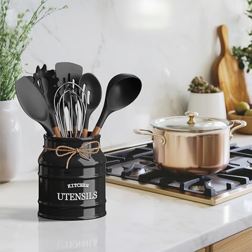 Barnyard-Designs-Ceramic-Farmhouse-Utensil-Holder-for-Kitchen-Counter-Large-Rustic-Utensil-Crock-Countertop-Cooking-Tool-Spatula-Organizer-675-Black Barnyard Designs Ceramic Farmhouse Utensil Holder for Kitchen Counter Large Rustic Utensil Crock Countertop Cooking Tool Spatula Organizer 675 Black