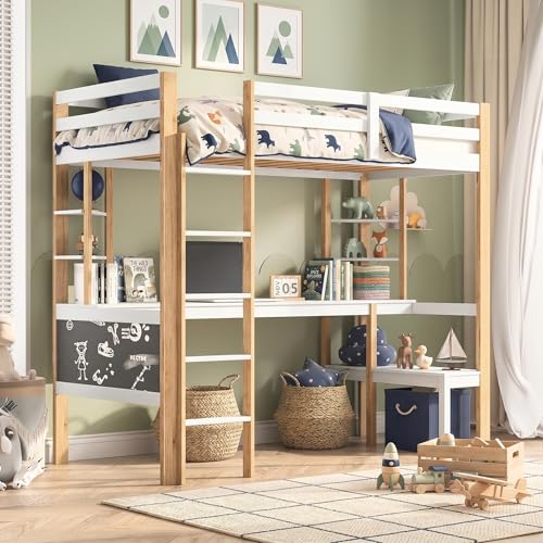 Litera infantil 90 x 200 con escritorio y estantes, cama entrepiso de 1 plazas con compartimento de almacenamiento, con barrera de seguridad, tabla negra, cama de altura infantil con somier de láminas