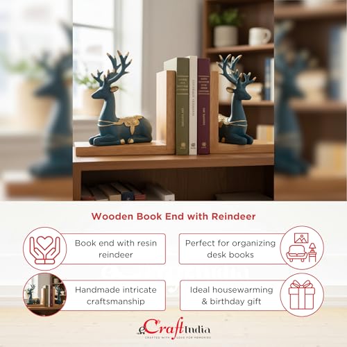 Image of eCraftIndia Wooden Book End with Resin Reindeer Sculptures Showpiece for Home Decor Office Table | Gift for Housewarming Birthday