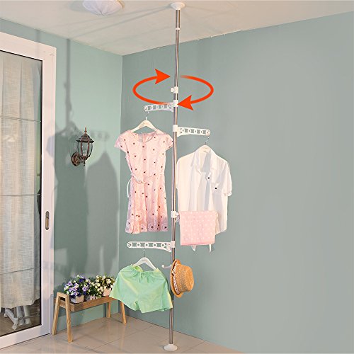Baoyouni Telescopic Laundry Tension Pole Corner Clothes Hanging Drying Rack Floor To Ceiling Jacket Coat Hanger Garment Storage Organizer Stand Space Saving With Adjustable Arms - Ivory #TOP1