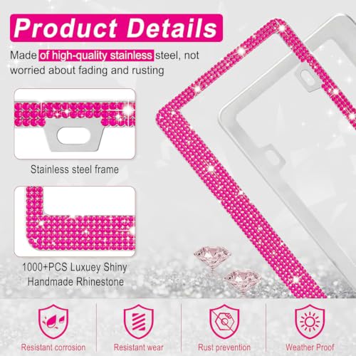 Image of Amiss Bling License Plate Frame for Women, 1Pack Rhinestone Handcrafted Crystal Premium Stainless Steel, Stainless Steel Car Decorative Accessories with Diamond Sparkle Glitter Caps (Hot Pink)
