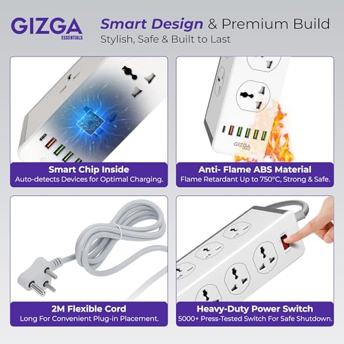 Image of Gizga Essentials Power Extension Board with 10 Universal Sockets, 5 USB & 1 Type C Port| Socket with 2M Cord, Surge Protector, Child Safety, Anti-Flaming Body, 10A Output, 250V Multi Plug Adapter