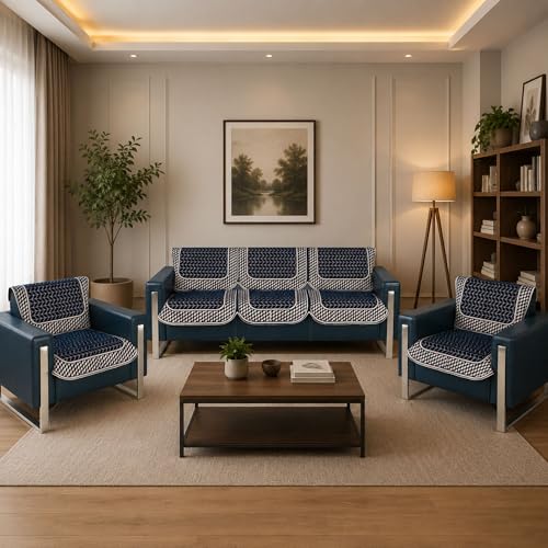 Image of Premium Chenille Woven Anti-Slip 5 Seater Sofa Cover | L-Shape Sofa Seat Protector for Living Room | Durable & Stylish Slipcover - Navy Blue - 3D