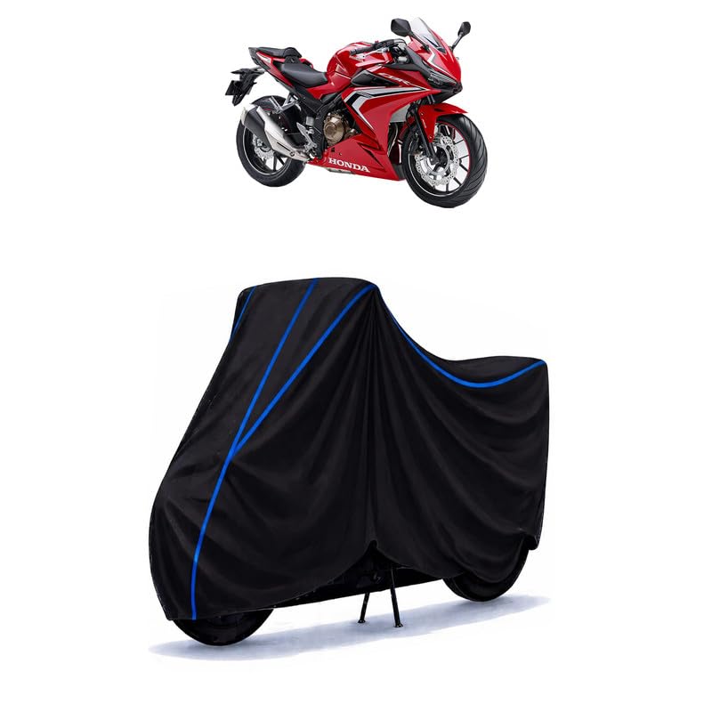 Image of CBR 400 Bike Cover Water Resistant Universal Motorcycle Rain | Heavy Duty UV Protection, Dust, Scratch Indoor Outdoor All Weather with Black Blue Piping Elastic