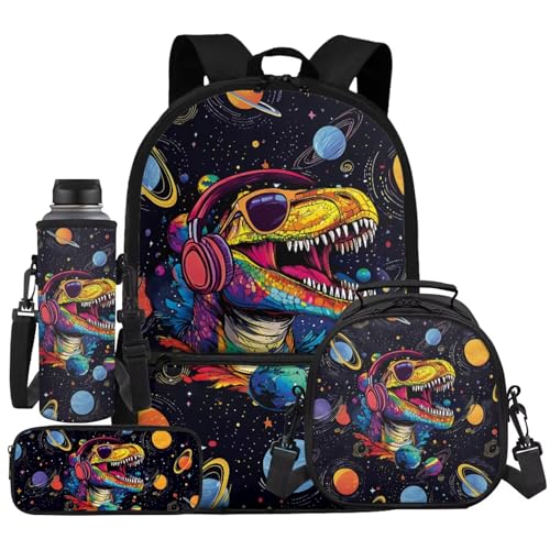 UOIMAG Juego de mochila escolar y fiambrera, soporte para botella de agua con correa y estuche para lápices, 4 piezas, Planetas Dinosaurios, Talla única, Juego de mochila escolar