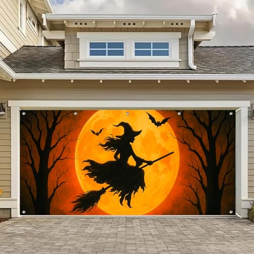 BlissYard Halloween Garage Door Cover 13x6Ft Witch Flying on Broom Banner Full Moon Scene Halloween Garage Decoration Spooky Witch Silhouette Halloween Party Backdrop for Trick or Treat Haunted