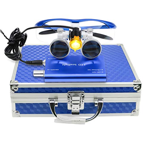 3.5×420mm Surgical Medical Binocular Loupes Optical Glasses with 3W LED Headlight Lamp Filter+ Aluminum Box for Dental, Surgical, Jeweler, or Hobby | Adjustable Pupil Distance (Blue)