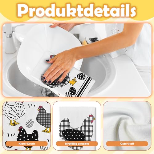 4 Stück Geschirrtuch Ostern Küchentücher Set, 40x60cm Handtücher Hase Huhn Motiv, Oster Geschirrtücher, Geschenk Frühling Putztücher, Hühner Deko für Küche Party, Familienbrunch, Ostertreffen