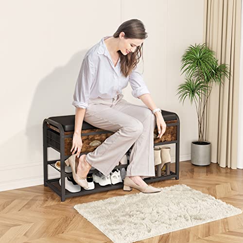 Homeiju 3 Tier Entryway Bench, Shoe Storage Bench With Padded Seating & Drawers, 35.5” Metal Entryway Foyer Hallway Bench, Vintage Brown #TOP5