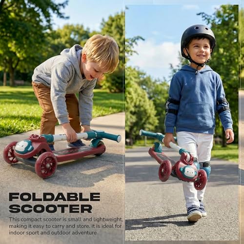 Image of Baybee Rovix Kick Scooter for Kids | Foldable Skate Scooter with 3 Height Adjustment Handle & LED Light Wheels | 3 Wheel Baby Scooter with Rear Brake | Kids Scooter for 2 to 10 Years Boy (RED /Green)