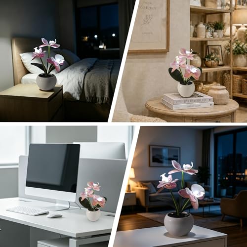Image of Light Pink Artificial Orchid Lamp, Cordless Rechargeable LED Orchid Night Light, Valentine's Mothers Day Wedding Birthday Gift for Mom Wife Friends, Floral Light for Bedroom Indoor Home Decor