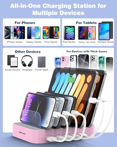 Image of MSTJRY Charging Station for Multiple Devices : 5 Port Multi USB-A Charger Stations Multi-Device Organizer Charging Dock Designed for iPhone iPad Cell Phone Tablets (7 Short Cables Included), Pink