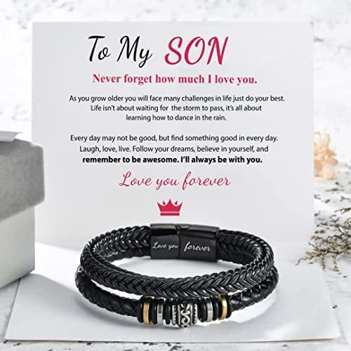 NHXP To My Son Braided Leather Bracelet I Will Always Be With You - Men Double Row Magnetic Closure Adjustable Wristband Bracelet Gift for Son