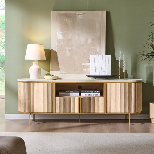 OKD Luxury 70' Fluted TV Stand, Modern Chic Entertainment Center for TVs Up to 80 inches, TV Console with Faux Marble Top, Curved Profile Design, Media Console for Living Room, Natural Oak