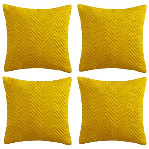 Hafaa Cushions with Covers Included 45 x 45 Cm Set of 8 (4 Ochre Cushion Covers, 4 Cushion Inserts) - Ultrasonic Velvet Square Throw Pillow Case Decorative Sofa Cushion with Invisible Zipper