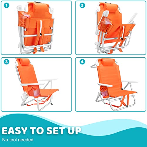 Lemberi Backpack Beach Chairs For Adults,1/2 Pack Folding Heavy Duty Camping Chair With Large Pockets And Cup Holder,Adjustable High Beach Lounge Chairs With Towel Rack For Outdoor,Travel (1, Orange) #TOP7