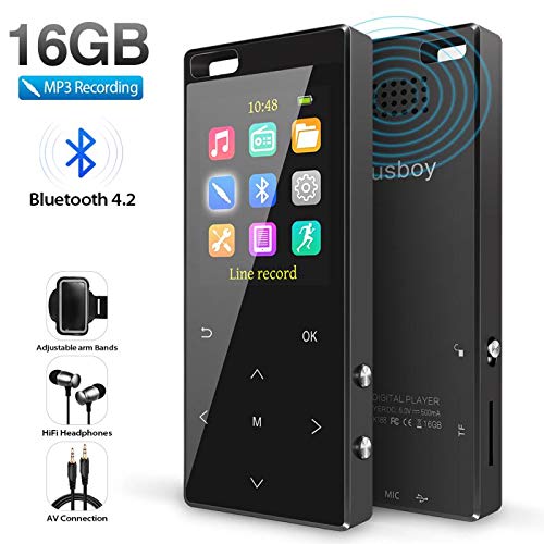 MP3 Player, 16GB MP3 Player with Bluetooth 4.2, MP3 Direct Recording, Hi-Fi Lossless Sound Music Player with FM Radio/Voice Recorder, Pedometer,with an Armband, Support up to 128gb TF Card, Black