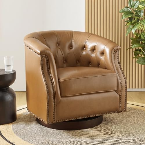 HULALA HOME Genuine Leather Swivel Accent Chair, Swivel Rocker Barrel