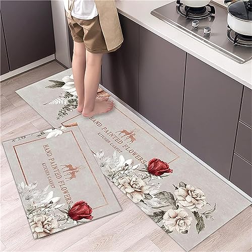 Image of Kitchen Rugs and Mats, Non-Slip Washable Rubber Backed Kitchen Mat Set, Stain and Wear Resistant, Pile Kitchen Rugs, Decorative Floor Mats for Home and Kitchen (Set of 1) (Rose)