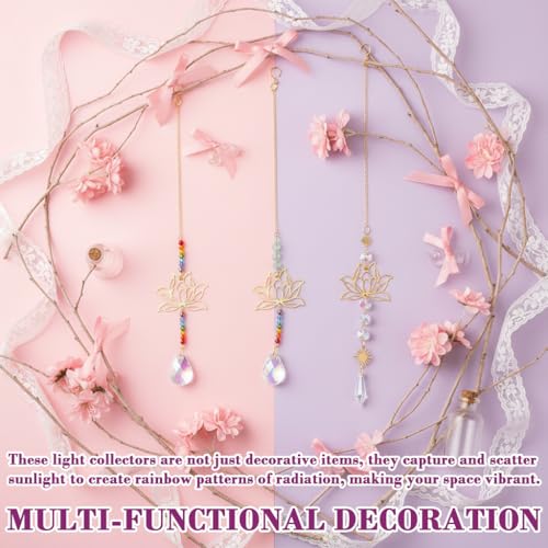 Image of HASTHIP 3 Pcs Lotus Color Crystal Stone Hanging, Suncatcher Wall Hanging Ornaments, Cutout Lotus Charm Zen Decor Rainbow Beaded Gem Suncatcher Wind Chime for Door, Window, Room