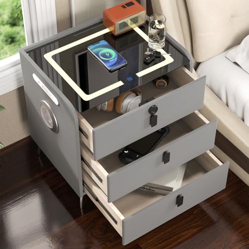 QHRAY Smart Nightstand with Fingerprint Lock Drawer, Nightstand with Wireless Charging, Night Stand...