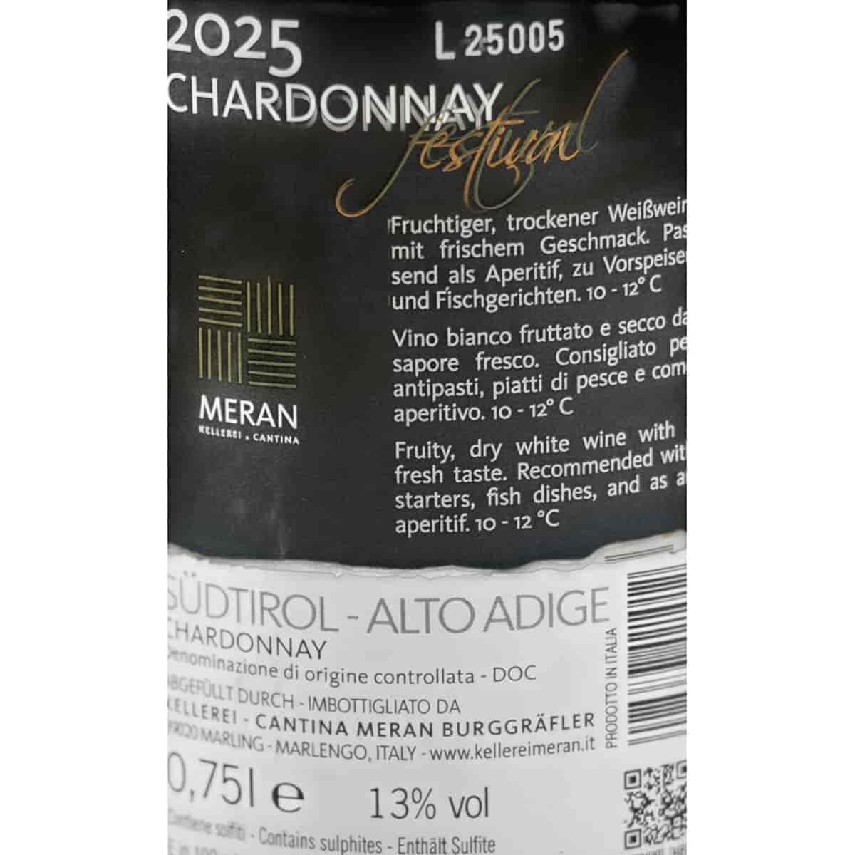 Chardonnay Festival Südtirol DOC 2025 - Kellerei Meran - 6×0,75L Weißwein | Frischcremige Textur, feine Frucht, dezente Würze, harmonischer Körper, sanfter Schmelz