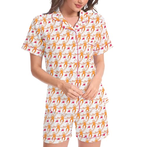 Image of Ammiko Womens Pajamas Set Y2k Loungewear Pajama Button Down Top and Shorts Monkey Beach Short Sleeve Sleepwear Preppy