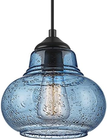 ELYONA Pendant Lights for Kitchen Island Modern Blue Hand Blown Bubble Glass Pendant Lighting Hanging Light fixtures for Dining Room Bar Bedroom Living Room Matte Black 8 inch Diam