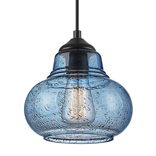 ELYONA 8 Inch Pendant Light for Kitchen Island Modern Blue Hand Blown Bubble Glass Pendant Lighting Hanging Light fixtures for Dining Room Bar Bedroom Living Room