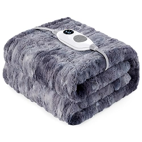 Warmrest Electric Blanket Heated Throw Blanket Soft 𝐅𝐚𝐮𝐱 𝐅𝐮𝐫, 𝟏𝟑𝟎𝐱𝟏𝟔𝟎 𝐜𝐦 - 6 Heat Levels Fast Heating, 1 to 10 Hours Auto-Off Detachable Controller Machine Washable Grey