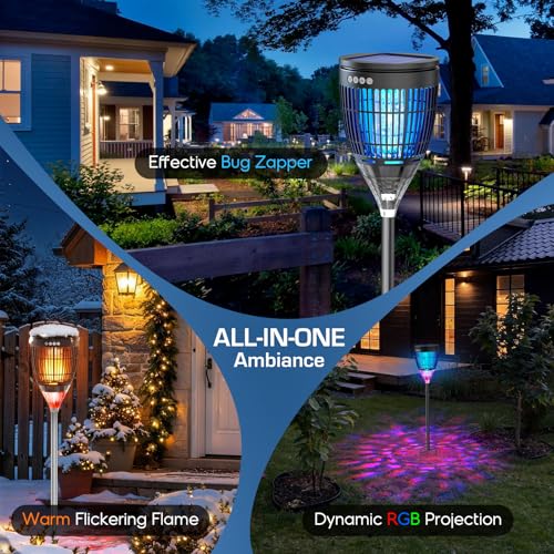 Image of Solar Bug Zapper Outdoor, Mosquito Zapper with Flame & Projector Light | Auto On /Off, Waterproof Cordless Mosquito Trap Solar Powered, 4200V Electric Fly Zapper Killer for Patio Yard Camping Garden