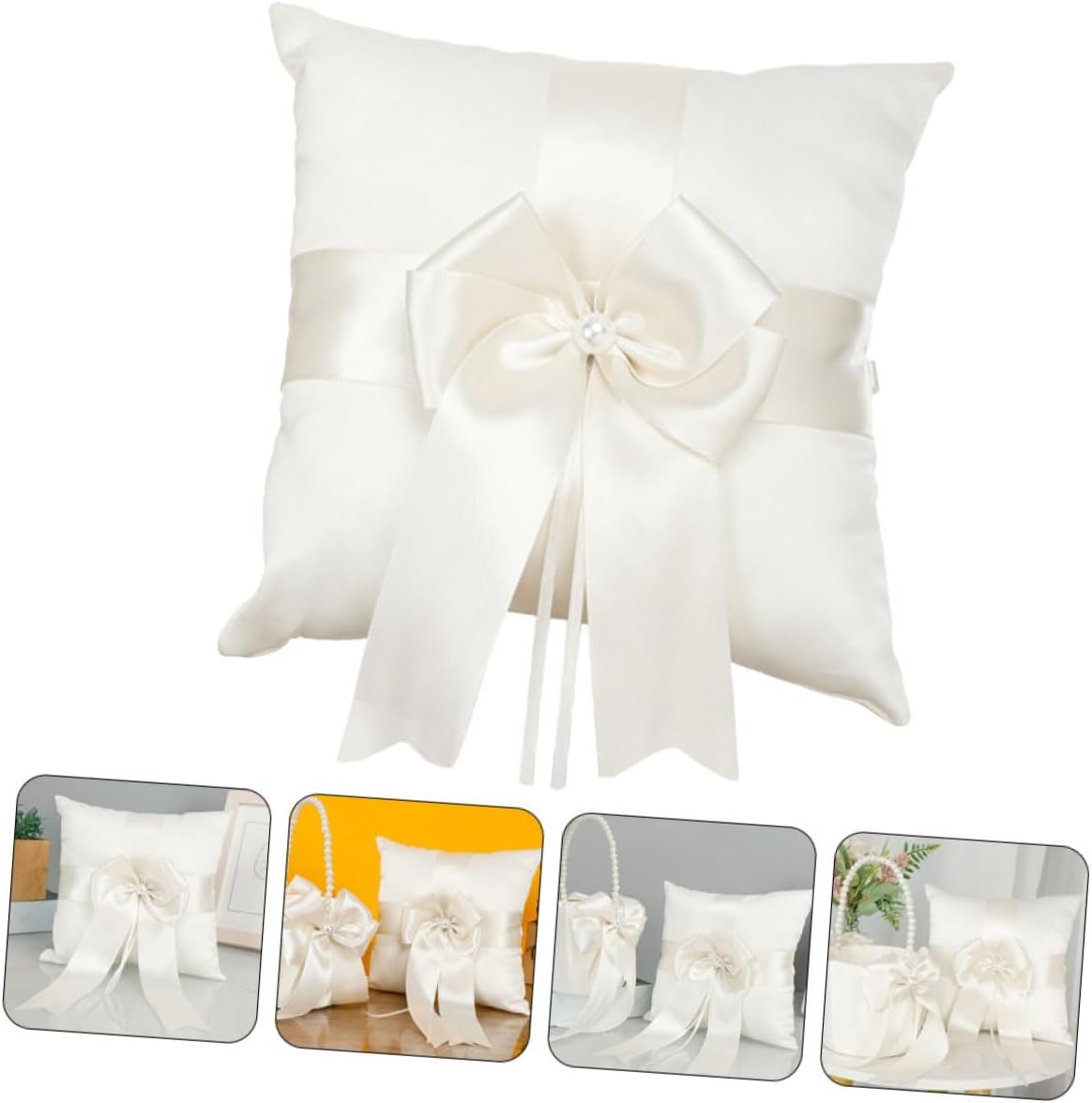 Wedding Ring Pillow Bowknot Cushion Pearl Accent Ceremony Ring Bearer Pillow for Wedding Party Decoration