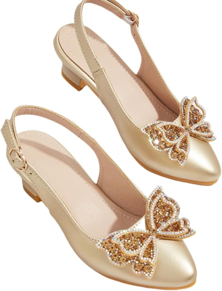 Girls Low Heels Dress Shoes Glitter Rhinestone Princess Sandals Wedding Party Pump