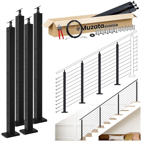 Muzata 12-16FT Modular Black Cable Railing Kit 36 Inch 4 Stair Post Kit Complete Set Cable Railing System for Stairs Length Adjustable Easy DIY with Paper User Guide (No Handrail) RW25