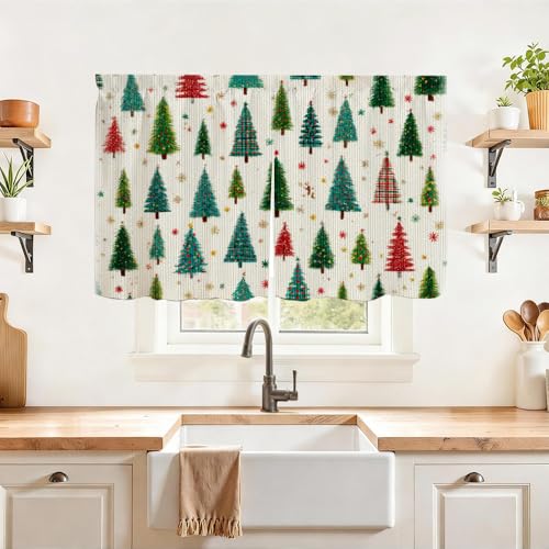 Image of Self Adhesive Evergreen Pine Tree Cabinet Curtain for Mother's Day, 39x28 Inch Forest Under Sink Skirt No Drill, Spring Cleaning Kitchen Decor, Hook and Loop Laundry Valance, Fabric Panel